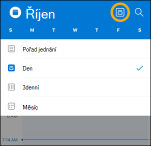 Možnosti tlačítka pro zobrazení Kalendáře v iOS