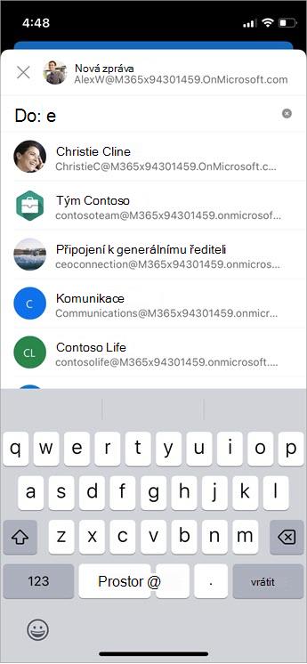 Správa navrhovaných příjemců v polích Komu, Kopie a Skrytá kopie pomocí automatického dokončování Mobilní snímek obrazovky