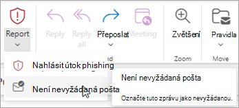 Pomocí tlačítka Report > Not Junk můžete obnovit zprávu ze složky Junk Email a potom nastavit Outlooku, aby přestal posílat zprávy od tohoto odesílatele do složky Junk Email (Nevyžádaná pošta).