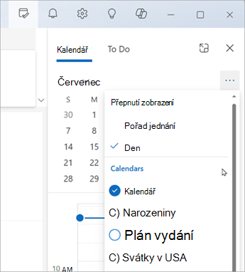 Výběrem možnosti Přepnout zobrazení zobrazíte zobrazení Agenda nebo Zobrazení dne. Můžete tady také zvolit, které kalendáře se mají zobrazit.