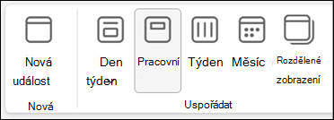 Snímek obrazovky s pásem karet v novém Outlooku s možnostmi pro změnu zobrazení kalendáře