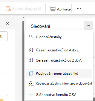 Snímek obrazovky s podoknem Sledování v novém Outlooku zobrazujícím rozevírací možnosti pro kopírování seznamu účastníků