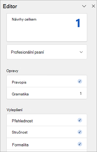 Snímek obrazovky s podoknem Editoru v Outlooku