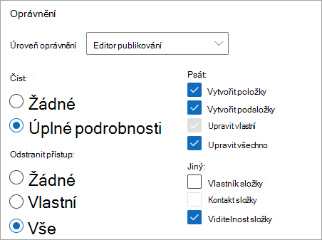 Snímek obrazovky s vybranou úrovní oprávnění Editor pro publikování