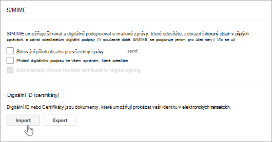 Snímek obrazovky zobrazující stránku S/MIME v Nastavení a Importovat v oddílech Digitální ID