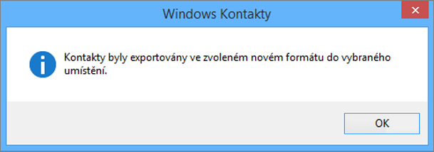 Zobrazí se závěrečná zpráva o exportu kontaktů do souboru CSV.