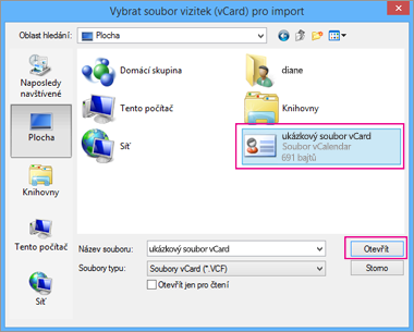 Zvolte soubor vCard, který chcete naimportovat do CSV.
