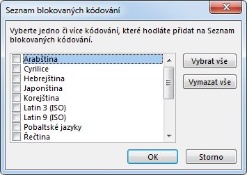 Dialogové okno Seznam blokovaných kódování