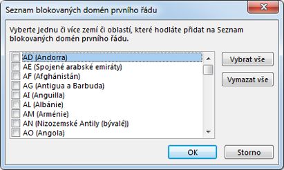 Dialogové okno Seznam blokovaných domén prvního řádu