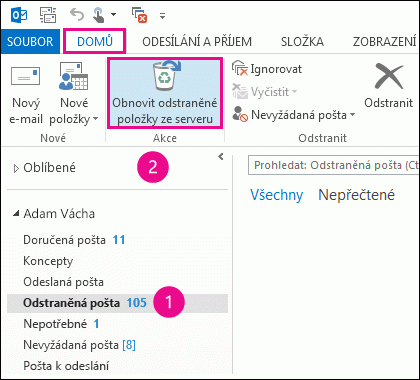 Vyberte složku Odstraněné položky a klikněte na Obnovit položky ze serveru.