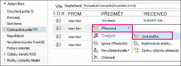 Kliknutí na Přesunout a potom na složku Jiné