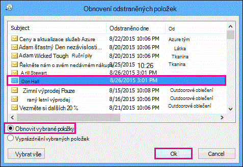 Výběr kontaktu, který chcete obnovit, a kliknutí na OK