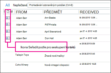 Ikona Řadit podle pro skupinu kontaktů ve složce Odstraněná pošta