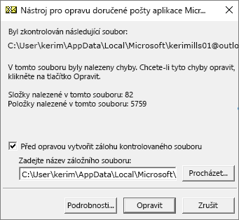 Ukazuje výsledky kontroly datového souboru .pst aplikace Outlook pomocí Nástroje Microsoftu pro opravu doručené pošty (SCANPST.EXE).