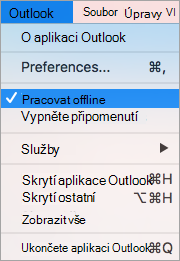 Ukazuje vybranou možnost práce offline v nabídce Outlooku.