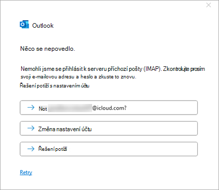 Snímek obrazovky s chybovou zprávou Něco se nepovedlo při přidávání účtu iCloud