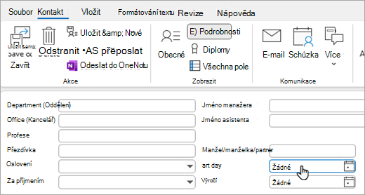 Snímek obrazovky se zobrazením podrobností na kartě kontaktu pro přidání narozenin nebo výročí