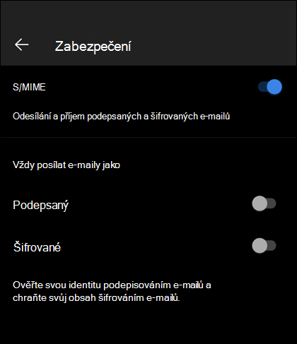 Obrazovka zabezpečení v Outlooku Mobile zobrazující povolené S/MIME a dostupné možnosti podepsání a šifrování