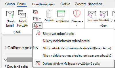 Snímek obrazovky zobrazující rozevírací seznam Blokovat odesílatele s vybranou možností nevyžádané pošty