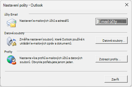 Dialogové okno Nastavení pošty – Outlook zobrazené přes nastavení Pošta v Ovládací panely