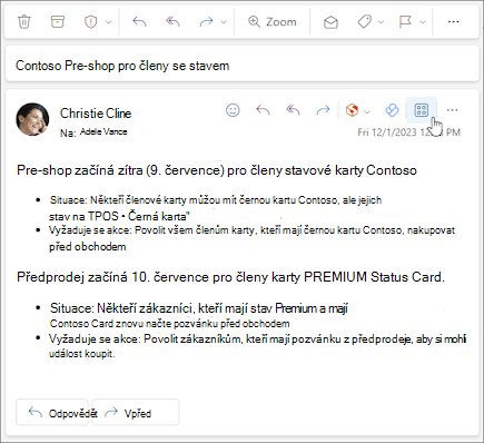 Ikona Aplikace na panelu akcí u zprávy v aplikaci Outlook na webu a v novém Outlooku pro Windows