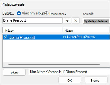 Snímek obrazovky s přidáváním uživatelů, se kterými chcete sdílet složku