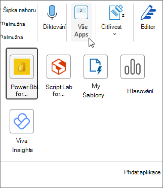Rozevírací nabídka Všechny aplikace v Outlooku pro Windows
