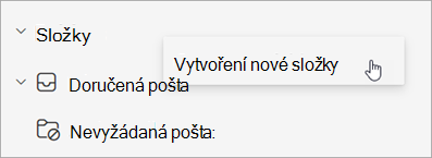 Snímek obrazovky s vybranou možností Vytvořit novou složku v nabídce Další možnosti v podokně složek