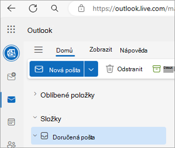 Snímek obrazovky zobrazující domovskou stránku Outlook.com