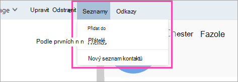 Snímek obrazovky s tlačítkem Seznamy