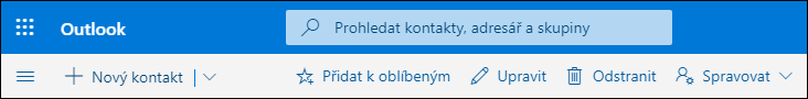 Snímek obrazovky s možnostmi dostupnými na panelu příkazů funkce Lidé, jako jsou možnosti Nový kontakt, Upravit, Odstranit, Přidat k oblíbeným a Spravovat