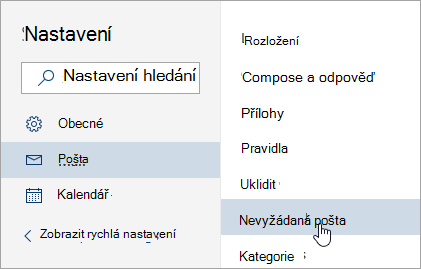 Snímek obrazovky při zaškrtnutí Nevyžádané pošty v nabídce Nastavení 