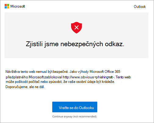 Snímek obrazovky s upozorněním na nebezpečný odkaz