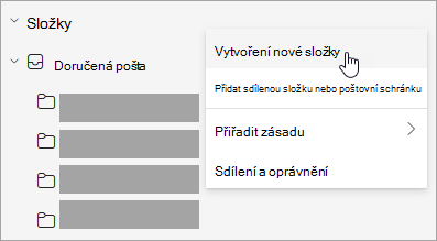 Snímek obrazovky s vybranou možností Vytvořit novou složku v nabídce Další možnosti v podokně složek
