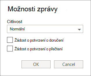 Snímek obrazovky znázorňuje dialogové okno Možnosti zprávy s možnostmi pro nastavení úrovně citlivosti a vyžádání potvrzení o doručení nebo přečtení.