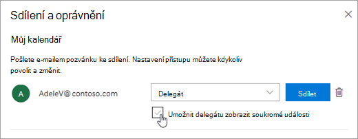 Snímek obrazovky se zaškrtávacím políčkem Umožnit delegátovi zobrazit soukromé události