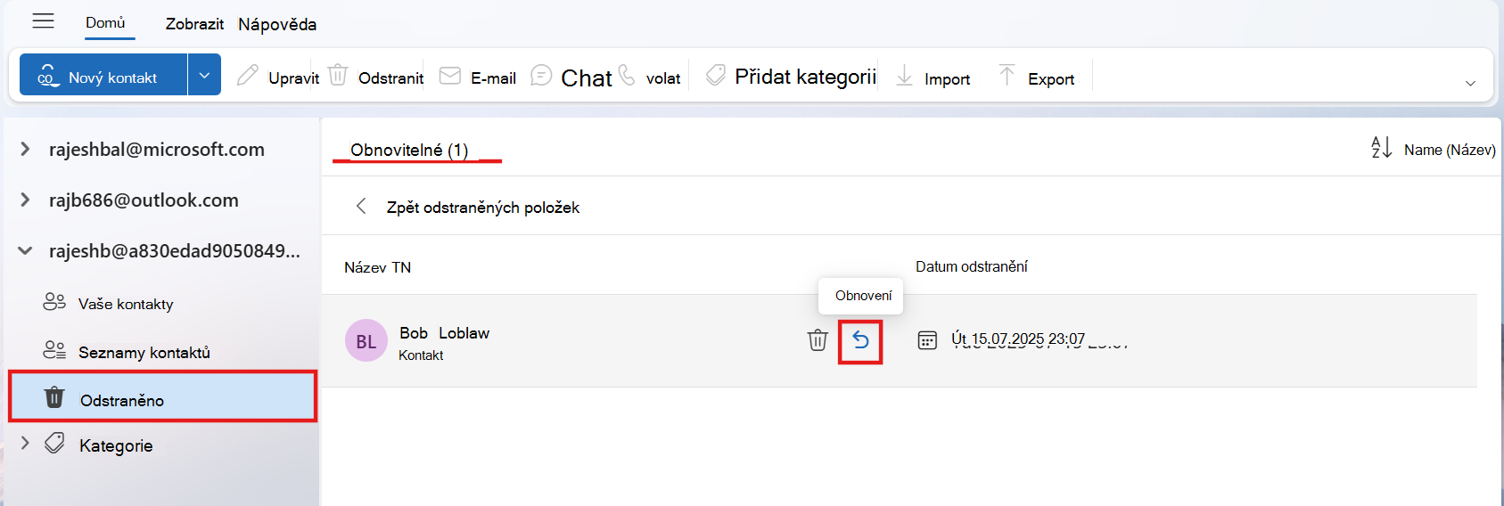 Snímek obrazovky s obnovitelnou složkou, která zobrazuje jeden kontakt se zvýrazněním ikony Obnovit a zobrazuje název složky, který má být obnovitelný
