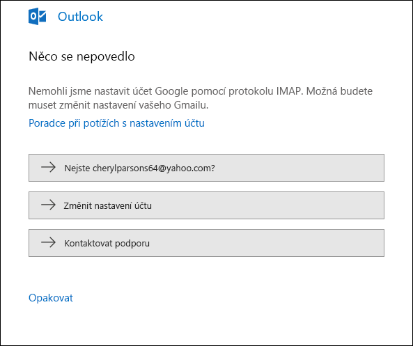 Při přidávání e-mailového účtu do Outlooku došlo k chybě.