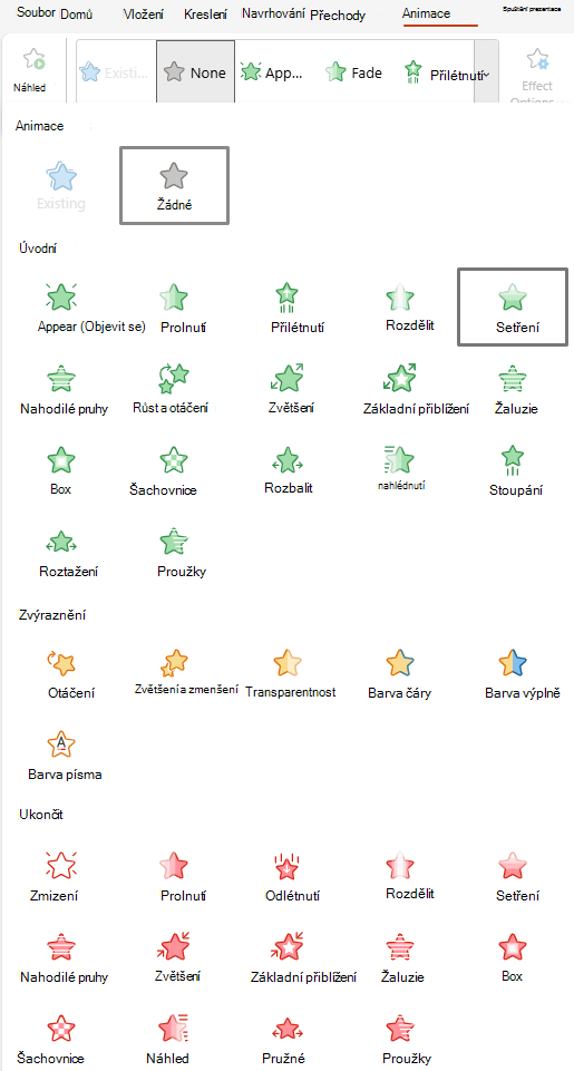 Snímek obrazovky s animacemi dostupnými pro PowerPoint pro web