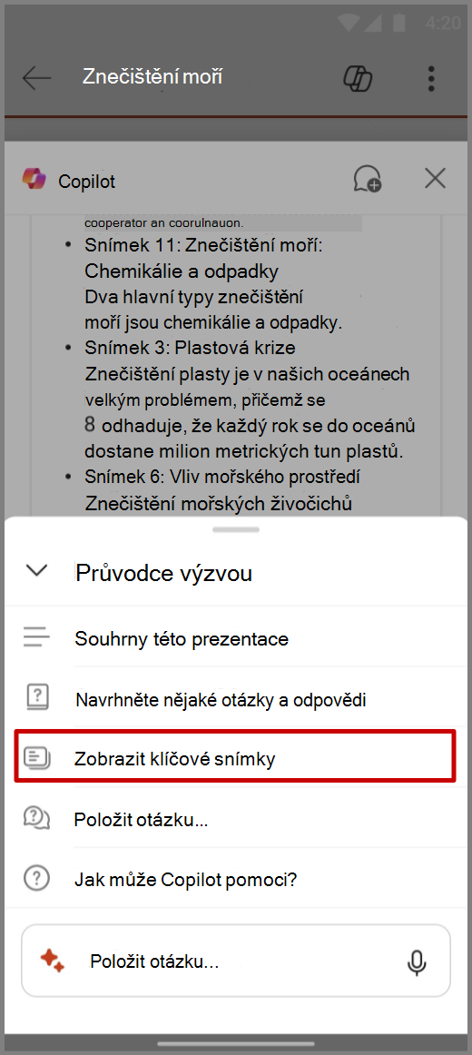 Snímek obrazovky aplikace Copilot v aplikaci PowerPoint na zařízení s Androidem s výzvou Zobraz klíčové snímky
