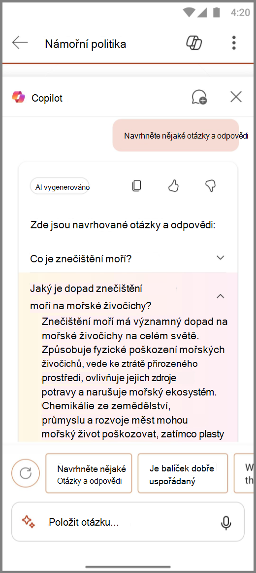 Snímek obrazovky Copilotu v aplikaci PowerPoint na Androidu s výsledky výzvy Navrhni některé otázky&jako