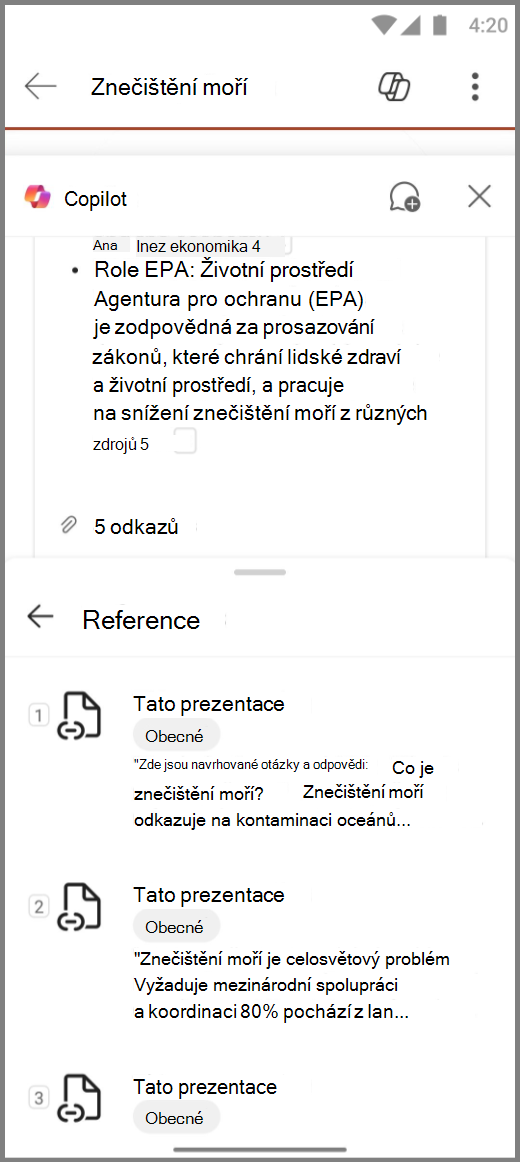 Snímek obrazovky Copilotu v aplikaci PowerPoint na zařízení s Androidem a podklady pro odpověď Shrň tuto prezentaci