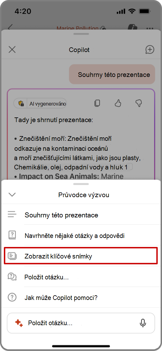 Snímek obrazovky Copilotu v aplikaci PowerPoint na zařízení s iOS s výzvou Zobraz klíčové snímky