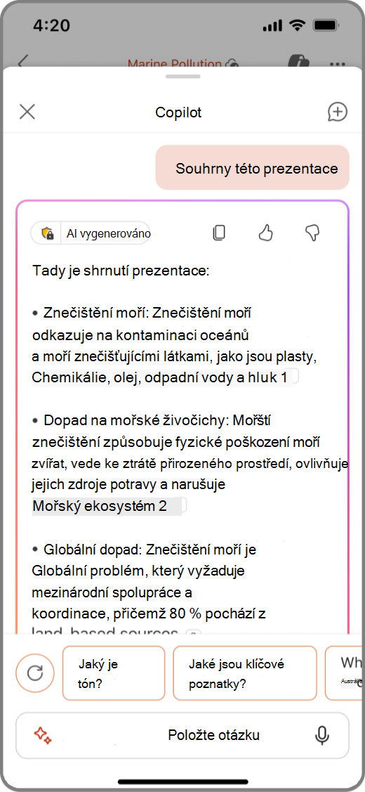 Snímek obrazovky Copilotu v aplikaci PowerPoint na zařízení s iOSem a souhrnem výsledků této prezentace