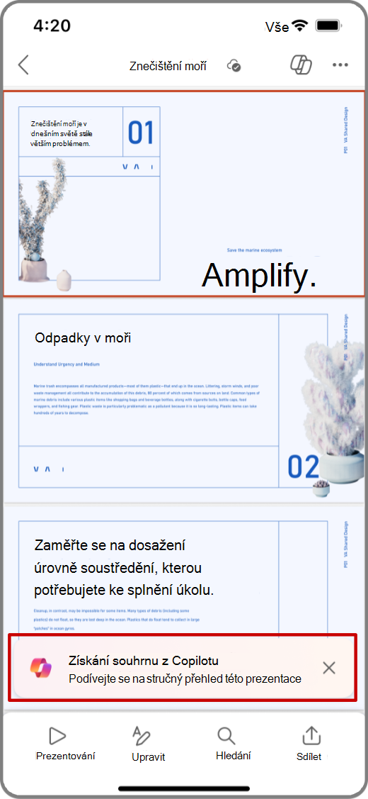 Snímek obrazovky Copilotu v aplikaci PowerPoint na zařízení s iOSem se zvýrazněnou možností Získat souhrnnou výzvu