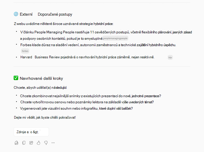 Snímek obrazovky s odpovědí Copilotu na vytvoření prezentace, která zobrazuje informace o požadovaném tématu a následné otázky.
