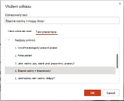 Dialogové okno Vložit hypertextový odkaz