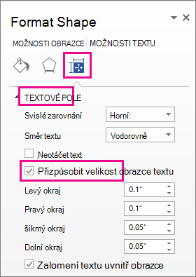 Snímek obrazovky zobrazující změnu velikosti obrazce podle textu v podokně Formát obrazce.