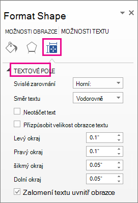 Snímek obrazovky znázorňující možnosti textového pole v podokně Formát obrazce