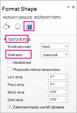 Snímek obrazovky znázorňující směr textu v podokně Formát obrazce